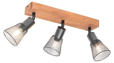 Produktbild von QAZQA - Industrie I Vintage I Industrie-Spot I Spotlight I Deckenspot I Deckenstrahler I Strahler I Lampe I Leuchte schwarz mit Holz 3-flammig Spotbalken-Licht - Kristina I Wohnzimmer I Schlafzimmer -