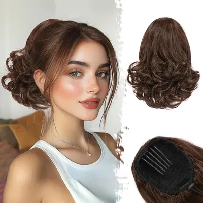 Produktbild von 25cm Ponytail Extension mit Kordelzug - Braun, Welliger Pferdeschwanz Haarteil