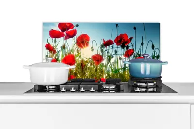 Produktbild von KitchenYeah®  Spritzschutz Küche - Küchenrückwand - Wandschutz für Herd und Spüle - Mohnblumen - Toskana - Sonne - Rot - Blau 60x30 - Alu-Dibond (Alternative zum Spritzschutz aus Glas) - Hitzebeständi