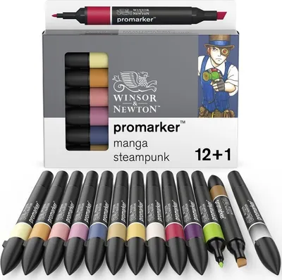 Obrázok produktu pre WINSOR & NEWTON Promarker Jemné a dlátovité alkoholové popisovače, 12+1ks MANGA STEAMPUNK