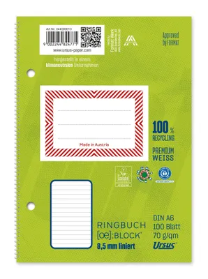 Produktbild von Ursus Basic 044390010 Ringbuchblock - A6, 100 Blatt, 70 g/qm, liniert