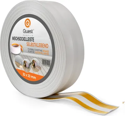 Produktbild von QUEST Weichsockelleiste selbstklebend 32x23 mm, flexible Wandabschlussleiste für Küche und Bad, Bodenleiste aus PVC, Dichtungsband, Hellgrau, 1m