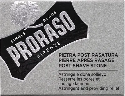 The image shows the packaging of a Proraso post-shave stone.
