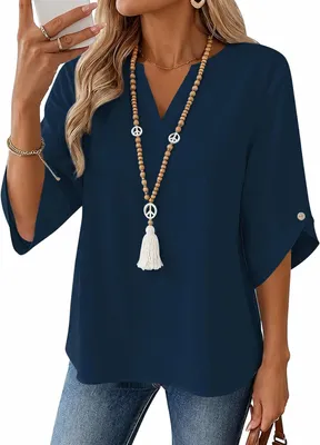 Productafbeelding van Dames blouse met V-hals en 3/4 mouwen, lichte mix van katoen en linnen