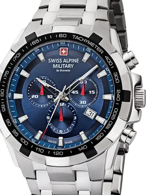 A close-up studio shot of a Swiss Alpine Military chronograph watch with a blue dial.