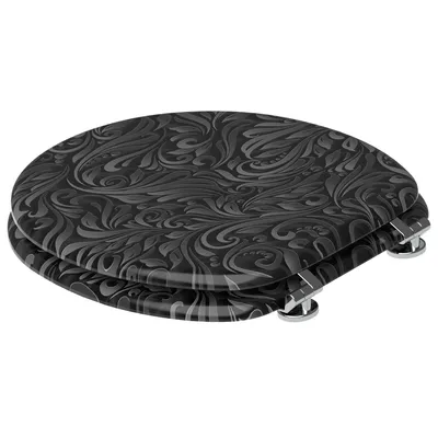 A toilet seat with a floral pattern.