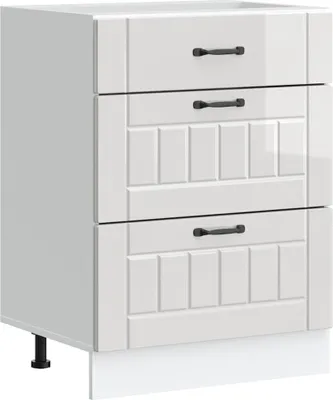 A white kitchen base cabinet with three drawers is shown against a white background.