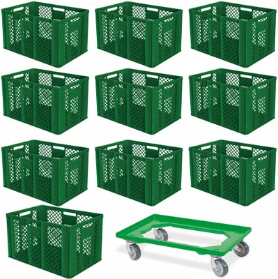 Produktbild von 10 Euroboxen, 600x400x410 mm, lebensmittelecht, grün + Transportroller