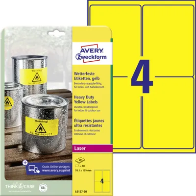 Image de Avery Zweckform - Paper - Polyester - Gelb - 99,1 x 139 mm 80 Etikett(en) (20 Bogen x 4) (L6127-20)