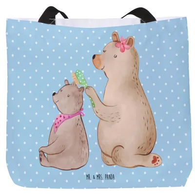 Produktbild von Mr. & Mrs. Panda Strandtasche Bär Kind - Blau Pastell - Geschenk, Mama, Muttertag, Stoffbeutel, Laptoptasche, Schultasche, Mutter, Tote Bag, Familie, Reisetasche, Tasche