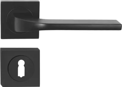 A black door handle set with a square rosette and a keyhole cutout is shown against a white background.