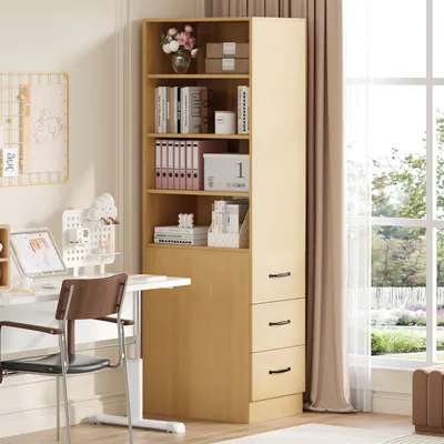 Image de Bibliothèque avec tiroir latéral, 2 étagères réglables, aggloméré, chêne