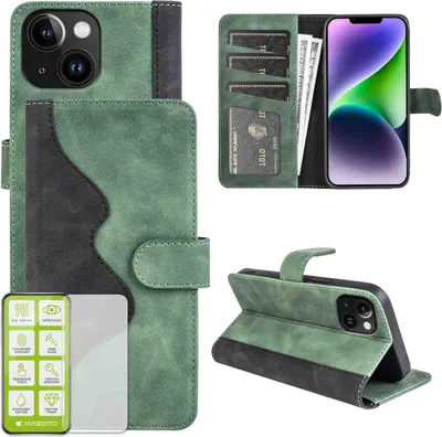 Produktbild von Für Apple iPhone 15 Design Handy Tasche Grün Etuis Kunst-Leder Hülle Case + H9 Hart Glas