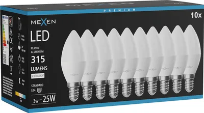 Obrázok produktu pre LED žiarovka Mexen Nova 10x E14, C37, 3 W, neutrálna – 4000 K, 315 lm – L102-E14-0340-01x10