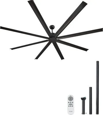 A large black ceiling fan with 8 blades is shown against a white background. Below the fan are three black downrods of varying lengths, a remote control, and a mounting bracket.