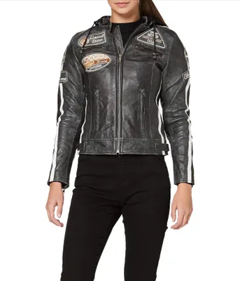 Image de Veste de moto URBAN 5884 pour femme avec protections, veste pour femme en cuir d'agneau, protections au niveau du dos, des épaules et des coudes, taille M