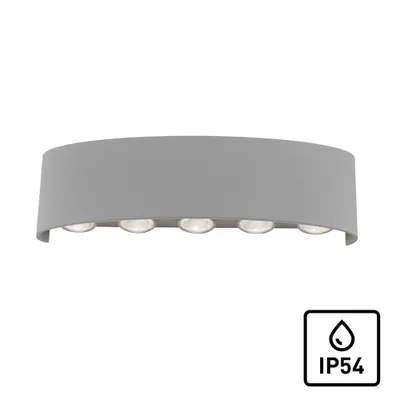 A gray curved LED outdoor wall lamp with five lights, shown against a white background. An IP54 rating symbol is in the bottom right corner.