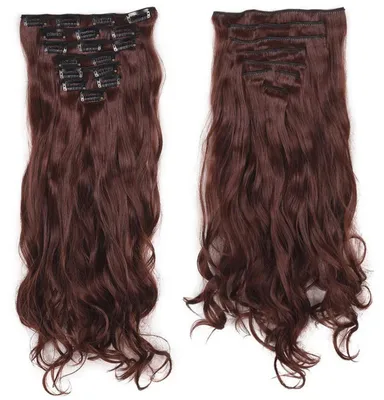 Immagine prodotto di Set di extension a clip, 8 pezzi, capelli ondulati, fibra sintetica, colore castano scuro, lunghezza 45 cm