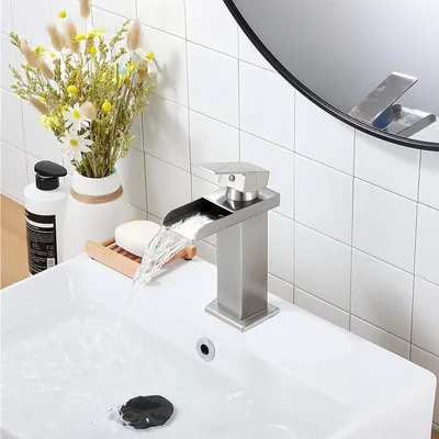 Produktbild von Wasserfall-Waschtischarmatur Edelstahl Messing Wassersparend Einhebelarmatur
