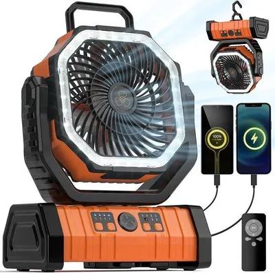 Immagine prodotto di Ventilatore da campeggio portatile alimentato a batteria con luce LED - Ventilatore ricaricabile da 20000 mAh con 4 velocità e telecomando