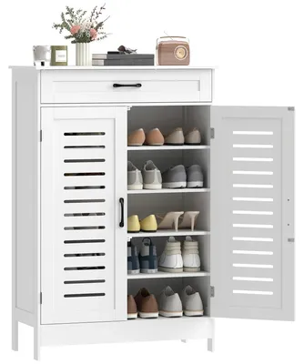 Image de Étagère à chaussures - Armoire à chaussures en bois avec tiroir - Portes en treillis - Étagères réglables - Pour environ 20 paires de chaussures - 78x37x115,8 cm - Blanc