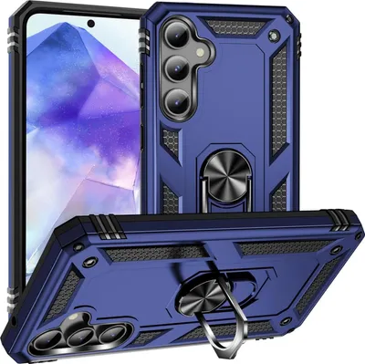 A blue phone case with a ring stand is displayed from multiple angles, with a smartphone partially visible.