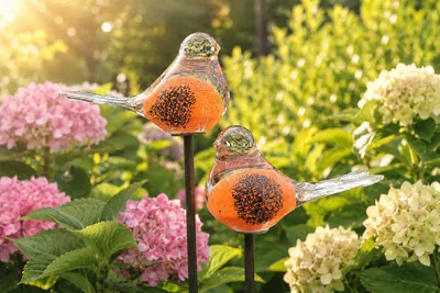 Produktbild von 2er Set Gartenstecker Glasvogel Deko Beetstecker Orange Schwarz Skulptur Vogel