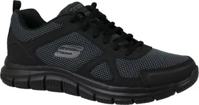 A single black Skechers sneaker is shown from a side angle against a white background.