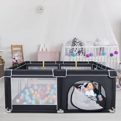 Produktbild von ACXIN Laufstall Baby Laufgitter Schutzgitter mit Rutschfester Basis und Atmungsaktivem Netz und 50 Bälle, Stabiler Absperrgitter Aktivitätszentrum für Kinder,Schwarz - 150x180cm