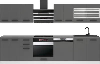 Produktbild von Belini Küchenzeile Küchenblock Lucy - Küchenmöbel 300 cm Einbauküche Vollausstattung ohne Elektrogeräten mit Hängeschränke und Unterschränke, mit Arbeitsplatten, Silber matt