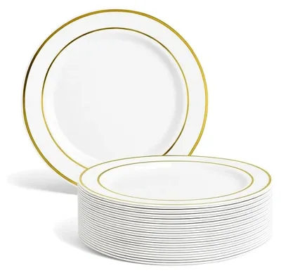 Produktbild von 50 Weiße Plastik Dessertteller mit Goldrand, Kleine Partyteller, 19cm - Stabil & Mehrweg - Für Hochzeiten, Geburtstage, Taufen, Weihnachten, Grillpartys, Partys