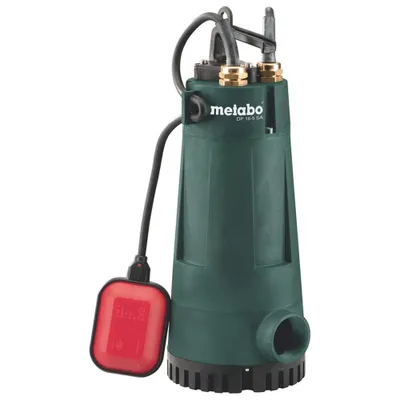 A green Metabo drainage pump with a red float switch is shown against a white background.