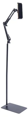 Produktbild von Bodenständer für Tablet und Smartphone - Verstellbare Halterung - Höhe 1,35 m - Klemmbreite 12–18 cm - Stahlfuß mit flexiblem Arm - Schwarz