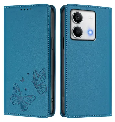 Obrázek produktu pro Kožené pouzdro pro Xiaomi Redmi Note 13 5G, motýlí ražbou, peněženkové flip pouzdro se stojánkem Modrá