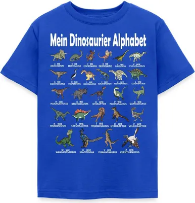 Produktbild von Spreadshirt Dinosaurier Alphabet Schulanfang Kinder T-Shirt, 110/116 (5-6 Jahre), Royalblau