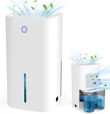 Two white dehumidifiers are shown, one larger and one smaller, with blue water tanks. Both are depicted with stylized blue air currents and green leaves emanating from the top, suggesting air purification or dehumidification.
