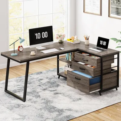 Zdjęcie produktu dla Tribesigns biurko w kształcie litery L z 3 szufladami, odwracalne biurko narożne do domowego biura, biurko komputerowe z półkami, 134 cm, przemysłowe biurko PC