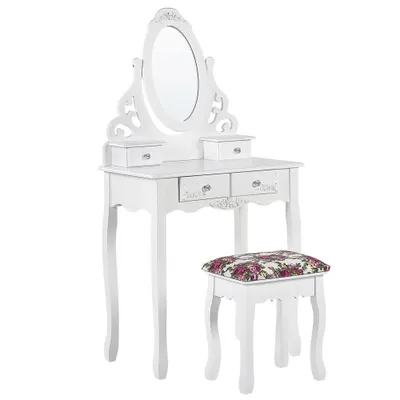 Immagine prodotto di Tavolino da toilette, 4 cassetti, specchio ovale e sgabello bianco AMOUR