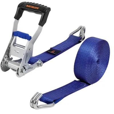 Productafbeelding van Spanningsriemen met ratelmechanisme, 8 meter lang, 50 mm breed, voor zware lasten (5 ton), met J-haken, blauw, conform DIN EN 12195-2