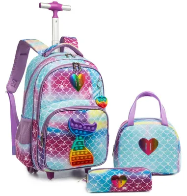 Produktbild von Schultrolley Rucksack Mädchen 17" 3tlg. Set Blauer Meerjungfrauen Design