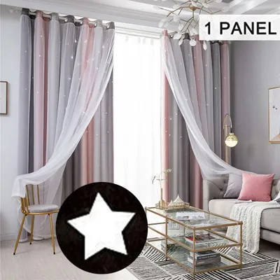Produktbild von Vorhang Blickdicht Verdunkelungsvorhänge Sterne Gardinen Doppelschicht Sternenvorhänge mit Voile Vorhänge für Mädchen Schlafzimmer Wohnzimmer Kinderzimmer，Grau,132*160cm