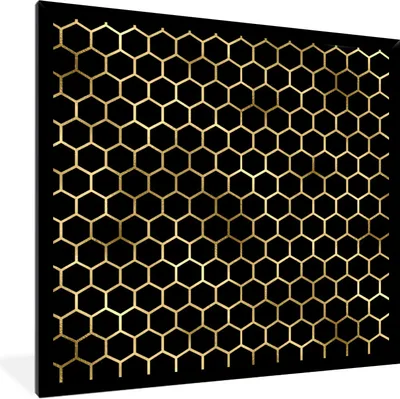 Produktbild von MuchoWow® Gerahmtes Poster Muster - Sechseck - Gold - Schwarz 40x40 cm - Poster mit Schwarzem Bilderrahmen Wandposter Rahmen Foto Bilder - Mit Rahmen - Wanddekoration Schlafzimmer
