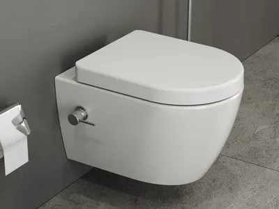 Produktbild von Aqua Bagno Hänge Dusch WC Taharet Taharet - spülrandlos - inkl. Kalt Warm Mischer -  mit abnehmbaren Softclose Toiletten-Sitz - Bidet -