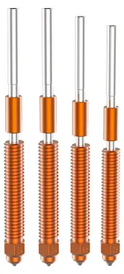 Four 3D printer nozzles of varying sizes are lined up against a white background.