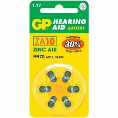 Produktbild von GP Batteries Hearing Aid ZA10, Einwegbatterie, PR70, Zink-Luft, 1,4 V, 6 Stück(e), 3,6 mm