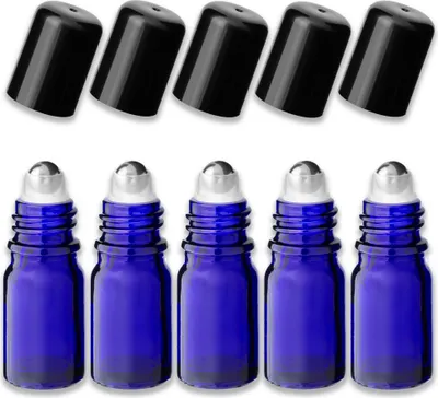 Produktbild von 5x Blaue Glasflasche 5 ml Roll-On mit schwarzem Schraubverschluss leer