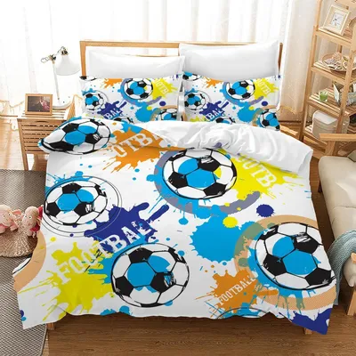 Obrázok produktu pre Obliečka na prikrývku s motívom futbalu, 135x200 cm, pre deti, 3D dizajn, mikrovlákno, 2 vankúšové obliečky 50x75 cm