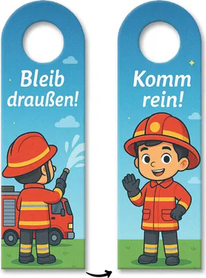 Produktbild von Feuerwehrmann Cartoon Bleib draußen! Komm rein! Türhänger mit Spruch für Kinder