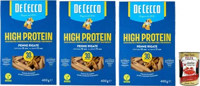 Produktbild von De Cecco Penne rigate Nr. 41, High protein, Italienische Hartweizennudeln, 3 Packungen à 400g, Pasta aus 100% italienischem Hartweizen, + Italian Gourmet polpa 400g