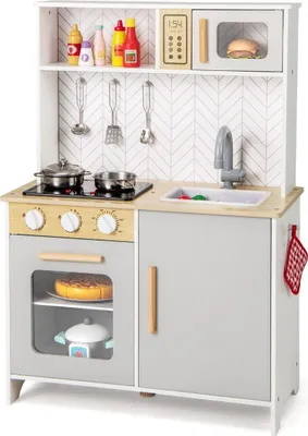 Immagine prodotto di Cucina per bambini in legno con microonde, piano cottura, lavello e forno, cucina da gioco per bambini, bianca